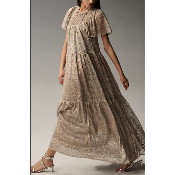 EUC Anthropologie Short-Sleeve Gold Silver Maxi Dress - Small - Picture 3 of 5